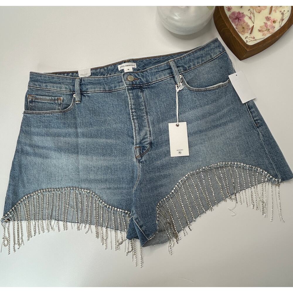 Good American Blue Denim High Waist Shorts with Silver Fringe